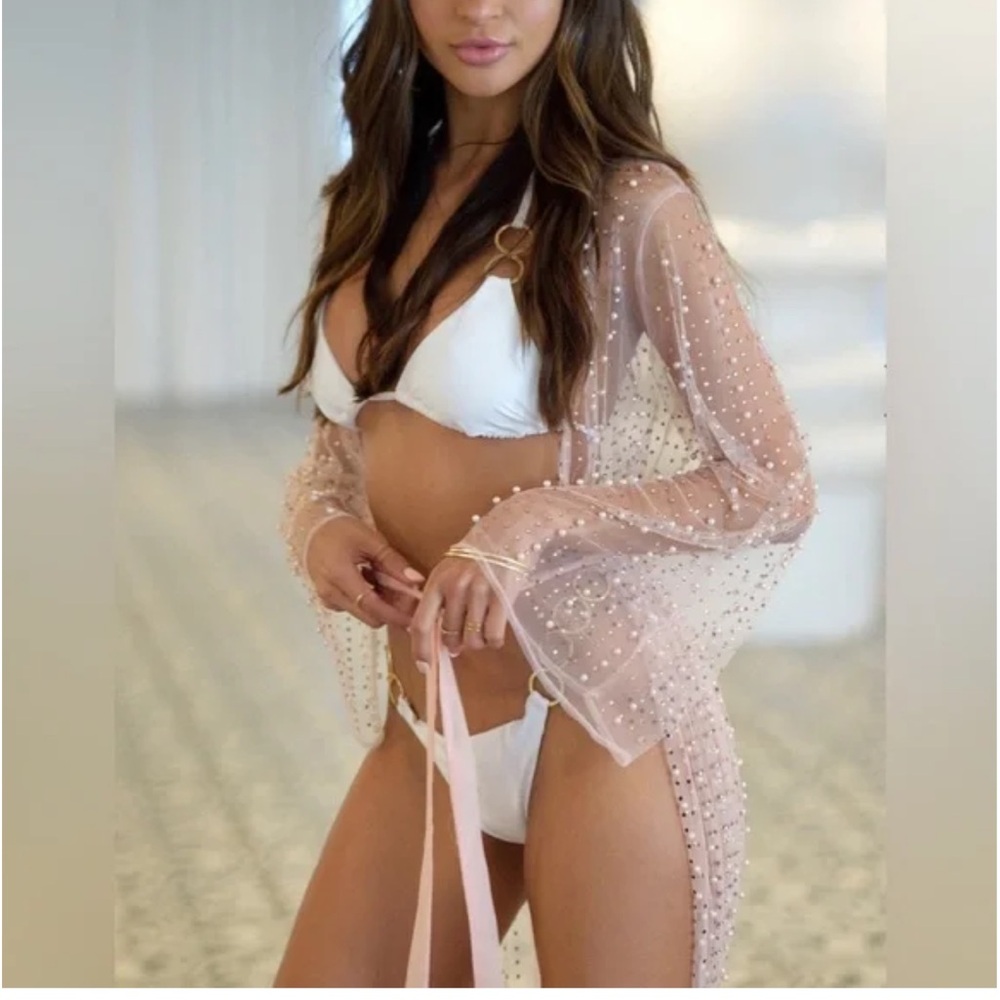 Beach Bunny Late Nights Pearl Mesh Cardigan in Nude - Picture 5 of 6